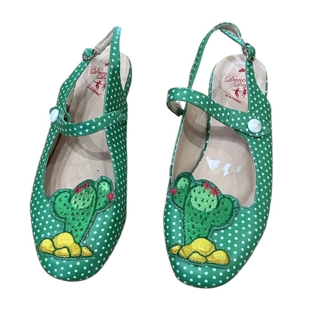 Green Polka Dot Cactus Mary Jane Flats Retro Rockabilly Novelty Shoes 6.5 -